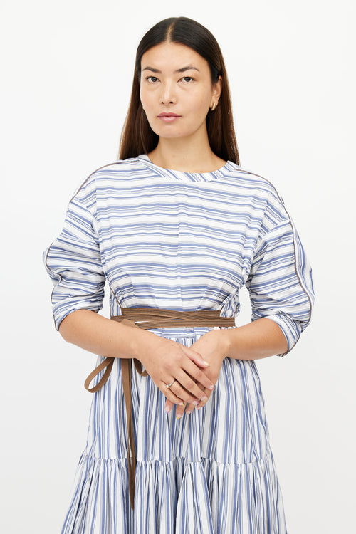 Brunello Cucinelli Blue & White Stripe Monili Belted Dress