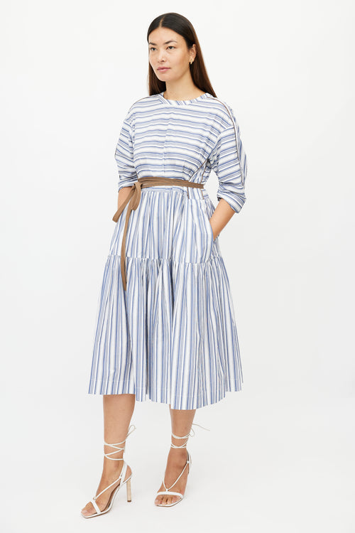 Brunello Cucinelli Blue & White Stripe Monili Belted Dress