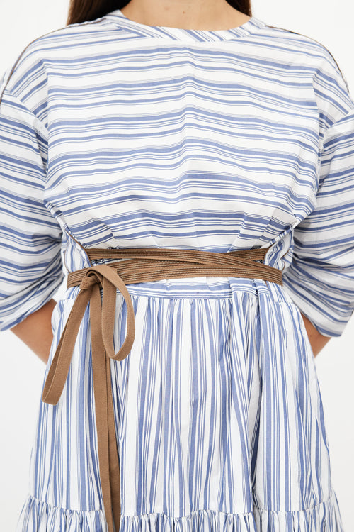 Brunello Cucinelli Blue & White Stripe Monili Belted Dress