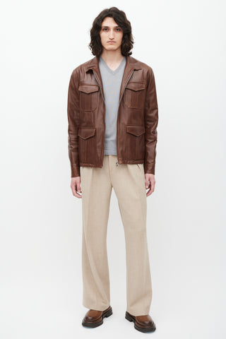 Brunello Cucinelli Brown Leather Four Pocket Zip Jacket