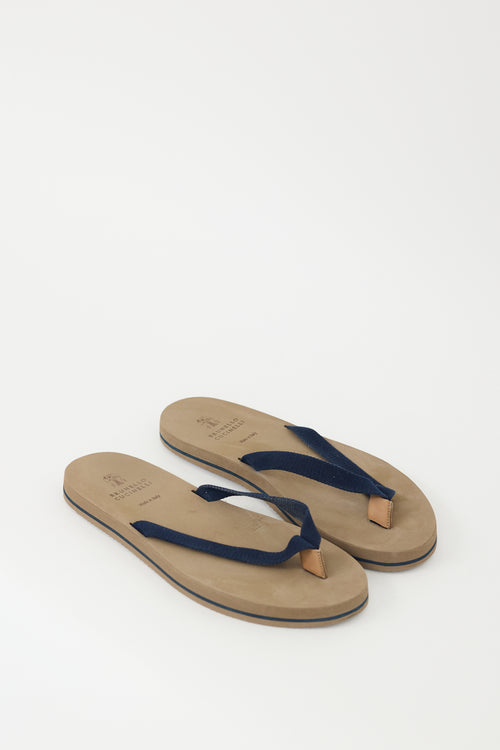 Brunello Cucinelli Brown & Navy Cotton Canvas Flip Flop