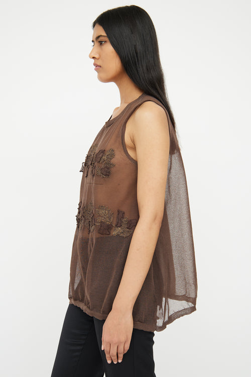 Brunello Cucinelli Sheer Brown Knit Embellished Top