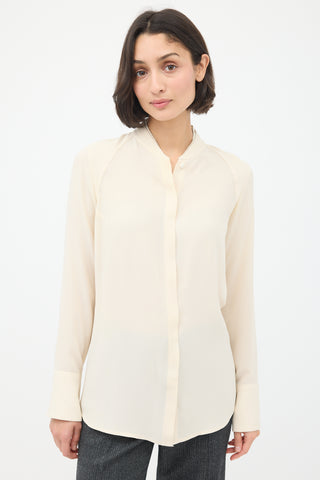 Brunello Cucinelli Cream Monili Trim Double Collar Shirt