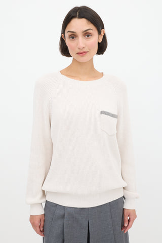 Brunello Cucinelli Cream Monili Trim Knit Sweater