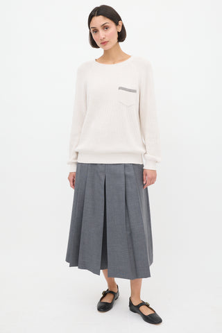 Brunello Cucinelli Cream Monili Trim Knit Sweater