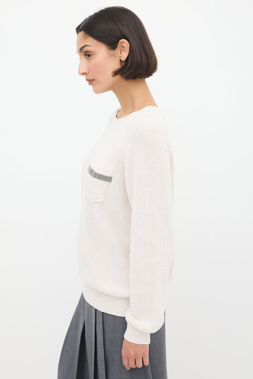 Brunello Cucinelli Cream Monili Trim Knit Sweater