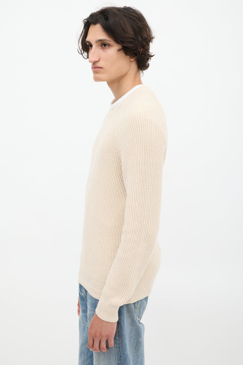 Brunello Cucinelli Beige Cotton Rib Knit Sweater