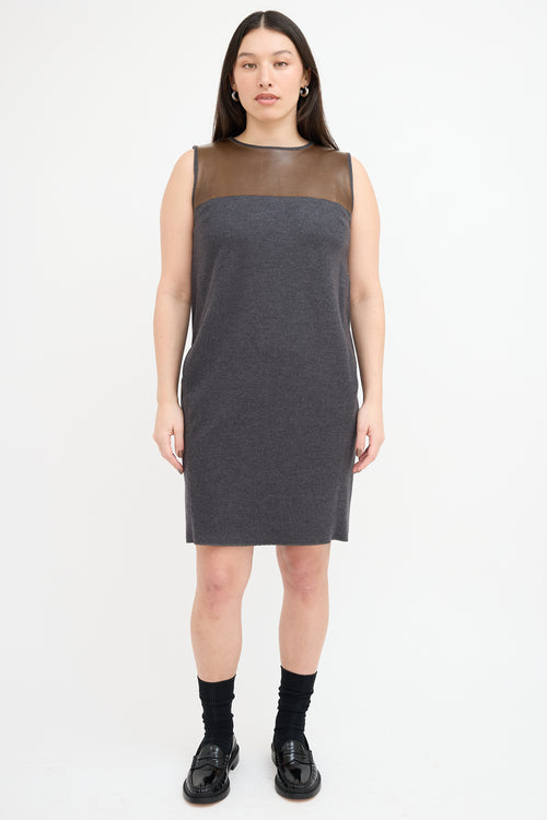 Brunello Cucinelli Dark Grey & Brown Leather Panel Dress