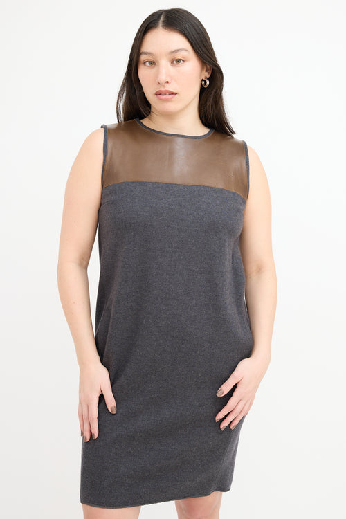 Brunello Cucinelli Dark Grey & Brown Leather Panel Dress