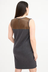 Brunello Cucinelli Dark Grey & Brown Leather Panel Dress