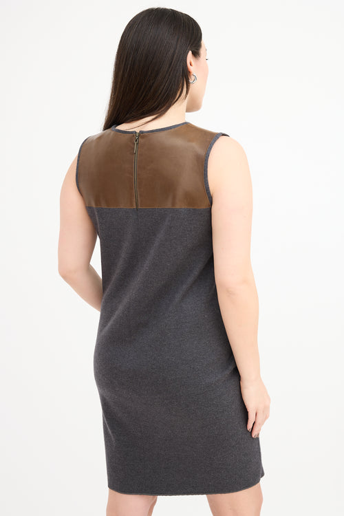 Brunello Cucinelli Dark Grey & Brown Leather Panel Dress