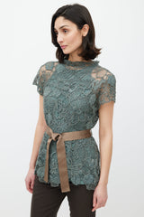 Brunello Cucinelli Green & Brown Lace Monilli Top