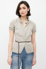 Brunello Cucinelli Grey & Brown V-Neck Belted Top