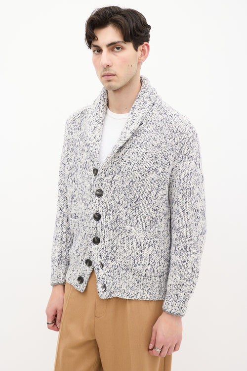 Brunello Cucinelli White & Navy Heathered Wool Knit Cardigan