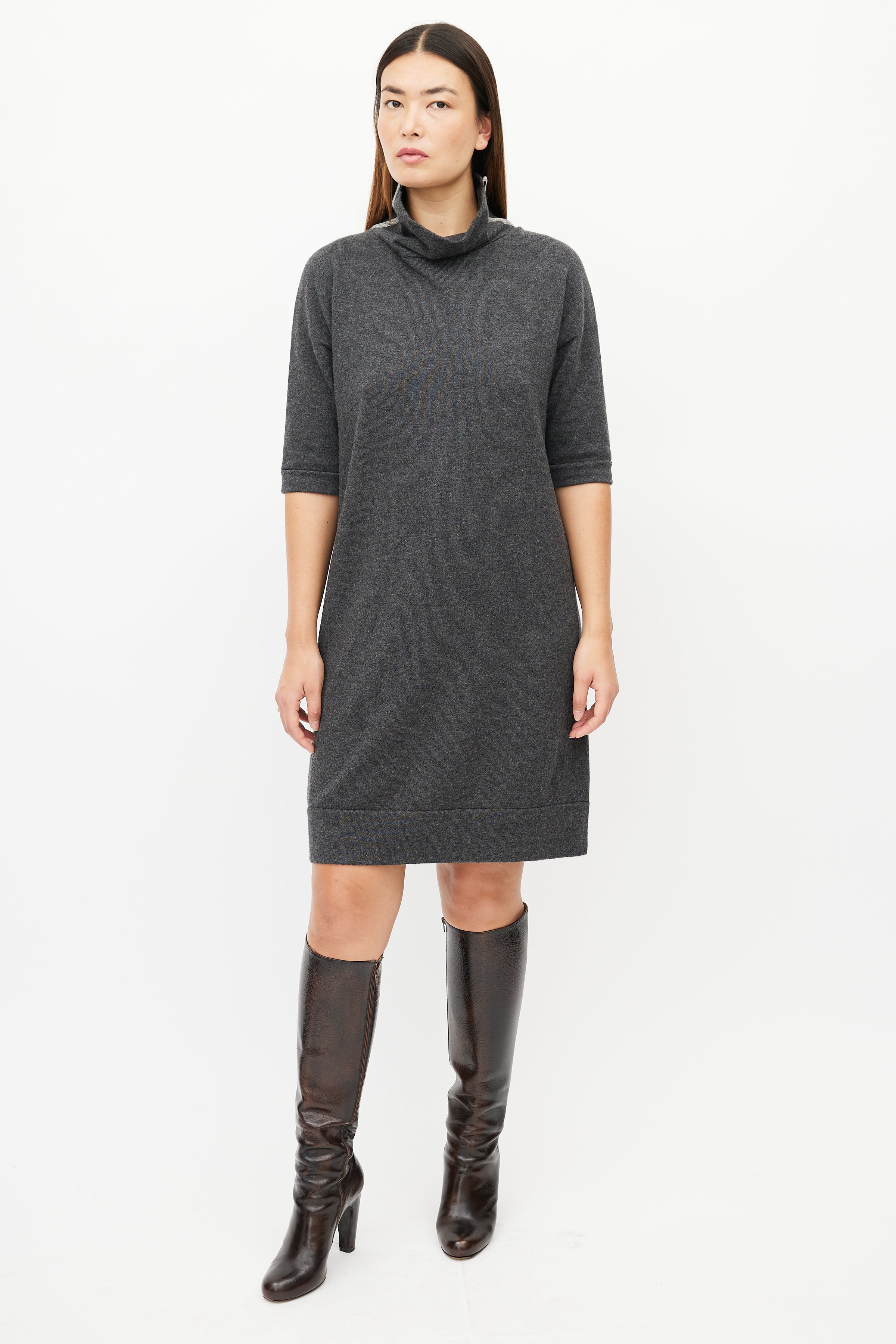 Brunello Cucinelli // Grey Cashmere Monili Sweater Dress VSP Consignment Brunello Cucinelli // Grey Cashmere Monili Sweater Dress VSP Consignment