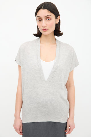 Brunello Cucinelli Grey Cashmere & Silk V-Neck Top