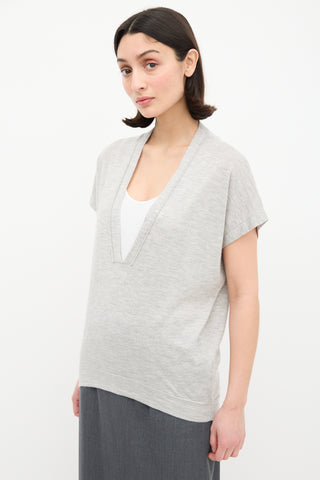 Brunello Cucinelli Grey Cashmere & Silk V-Neck Top