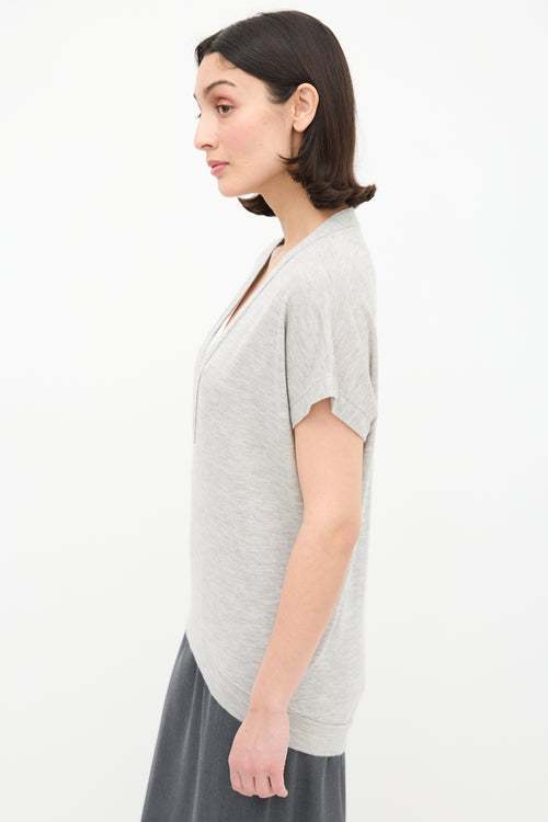 Brunello Cucinelli Grey Cashmere & Silk V-Neck Top