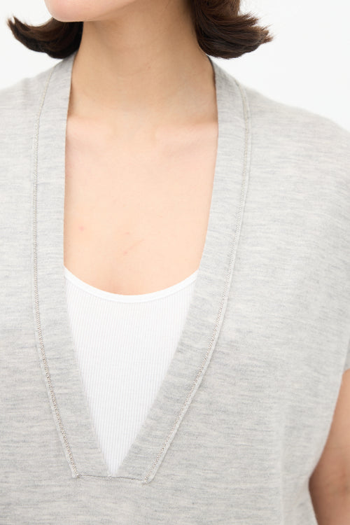 Brunello Cucinelli Grey Cashmere & Silk V-Neck Top