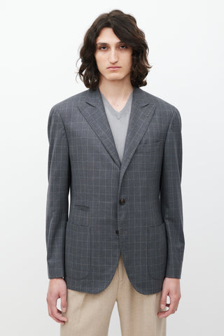 Brunello Cucinelli Grey Grid Patterned Wool Blazer
