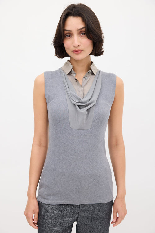 Brunello Cucinelli Grey Knit & Silk Bib Shirt