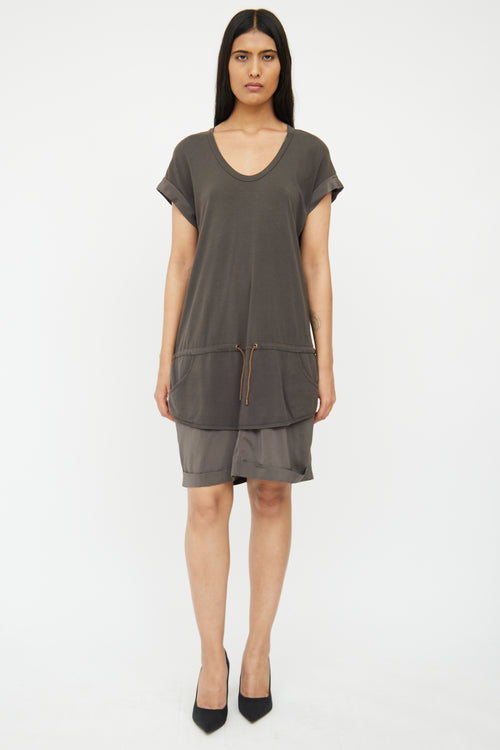 Brunello Cucinelli Grey Cotton & Silk Layered Drawstring Dress