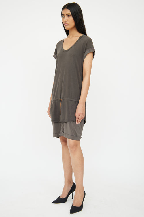 Brunello Cucinelli Grey Cotton & Silk Layered Drawstring Dress