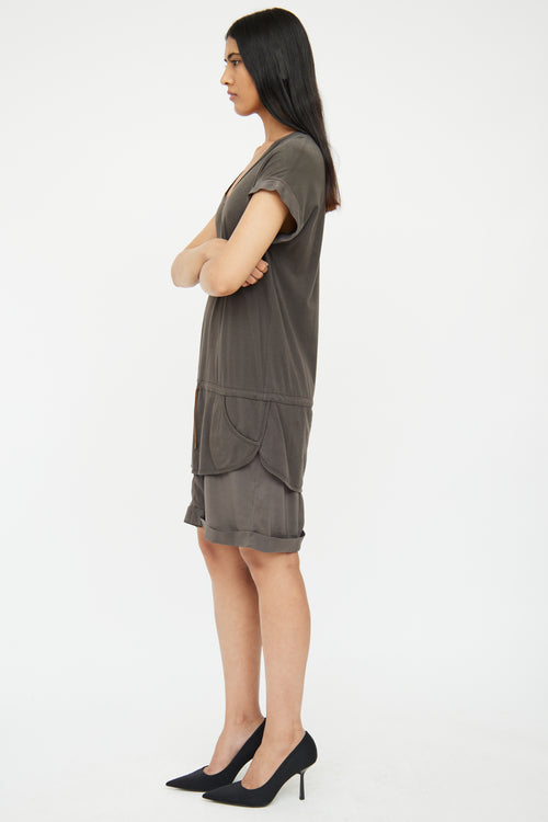 Brunello Cucinelli Grey Cotton & Silk Layered Drawstring Dress