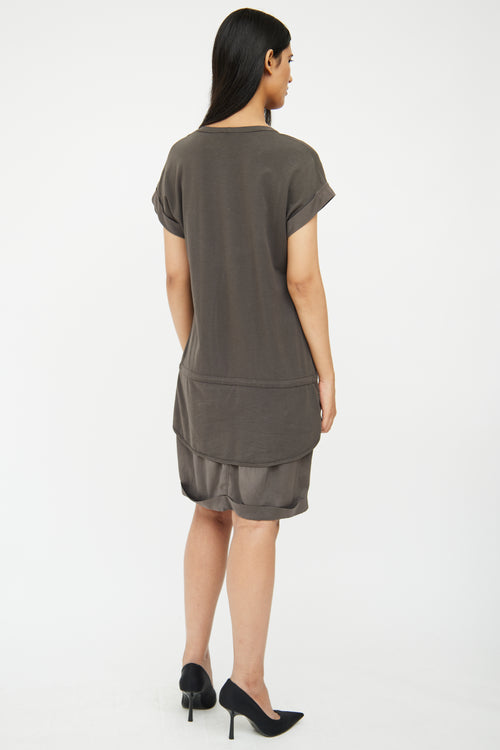 Brunello Cucinelli Grey Cotton & Silk Layered Drawstring Dress