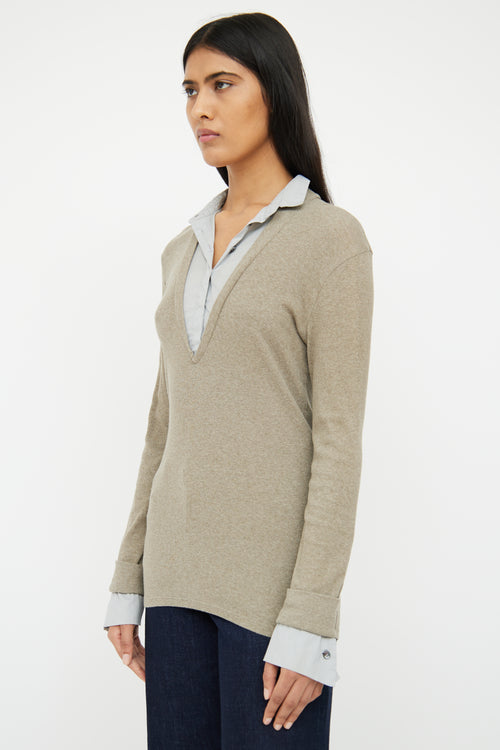 Brunello Cucinelli Grey Layered & Collared Rib Knit Top