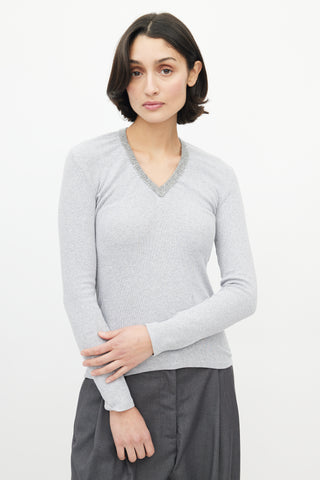 Brunello Cucinelli Grey Sequin Knit V-Neck Sweater