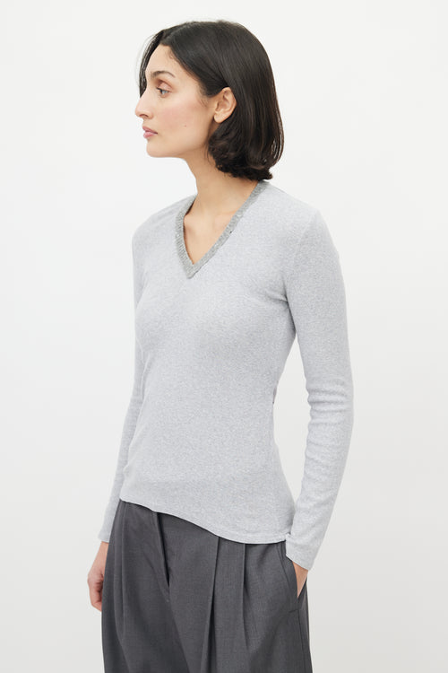 Brunello Cucinelli Grey Sequin Knit V-Neck Sweater