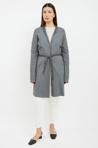 Brunello Cucinelli Grey Silk Collar Belted Coat