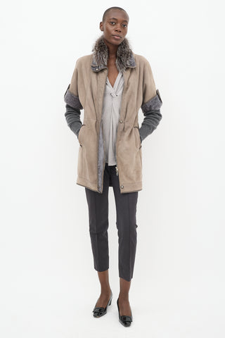 Brunello Cucinelli Grey Suede Fur Trim Coat