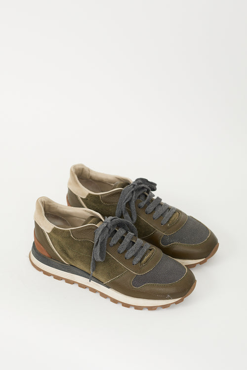 Brunello Cucinelli Khaki Green Suede & Leather Monili Sneaker