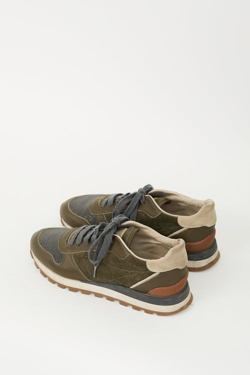 Brunello Cucinelli Khaki Green Suede & Leather Monili Sneaker