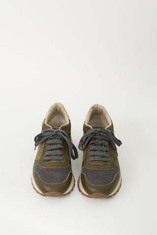 Brunello Cucinelli Khaki Green Suede & Leather Monili Sneaker