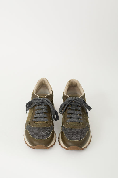 Brunello Cucinelli Khaki Green Suede & Leather Monili Sneaker