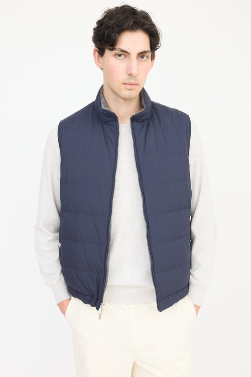 Brunello Cucinelli Navy & Grey Wool Reversible Padded Vest