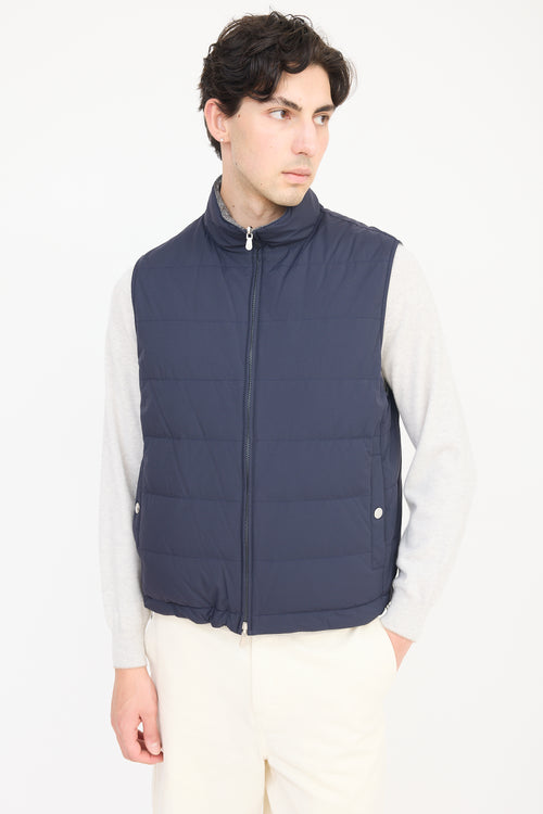 Brunello Cucinelli Navy & Grey Wool Reversible Padded Vest