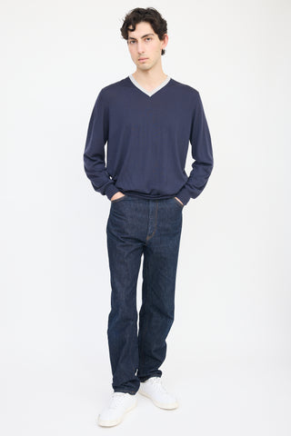 Brunello Cucinelli Navy & Grey Wool V-Neck Sweater