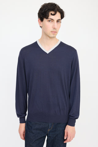 Brunello Cucinelli Navy & Grey Wool V-Neck Sweater