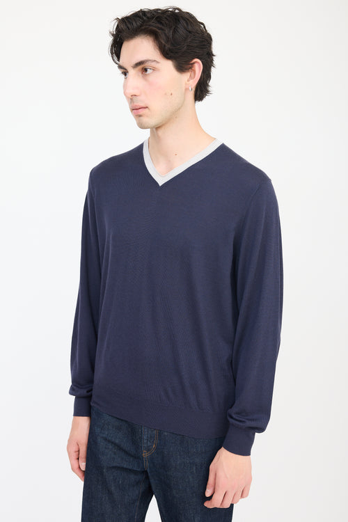 Brunello Cucinelli Navy & Grey Wool V-Neck Sweater