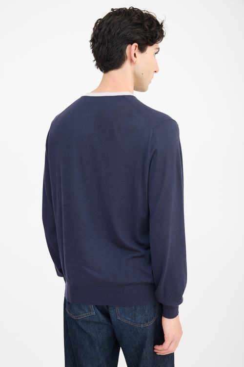 Brunello Cucinelli Navy & Grey Wool V-Neck Sweater