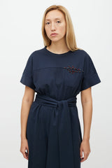 Brunello Cucinelli Navy & Multicolour Belted Beaded Dress