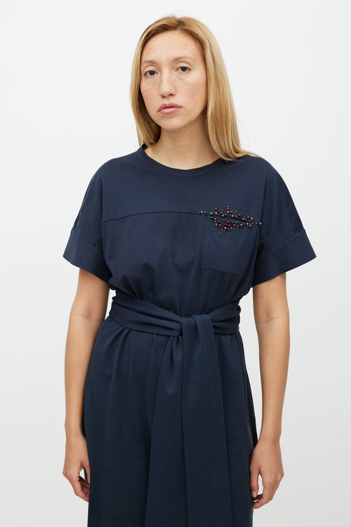 Brunello Cucinelli Navy & Multicolour Belted Beaded Dress