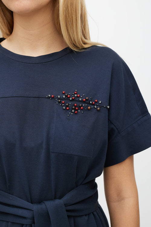 Brunello Cucinelli Navy & Multicolour Belted Beaded Dress