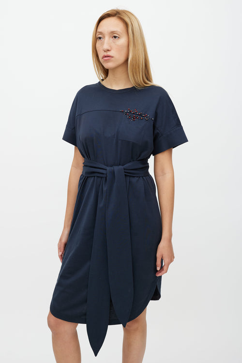 Brunello Cucinelli Navy & Multicolour Belted Beaded Dress