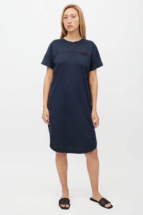 Brunello Cucinelli Navy & Multicolour Belted Beaded Dress