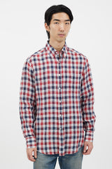 Brunello Cucinelli Navy & Red Plaid Long Sleeve Shirt